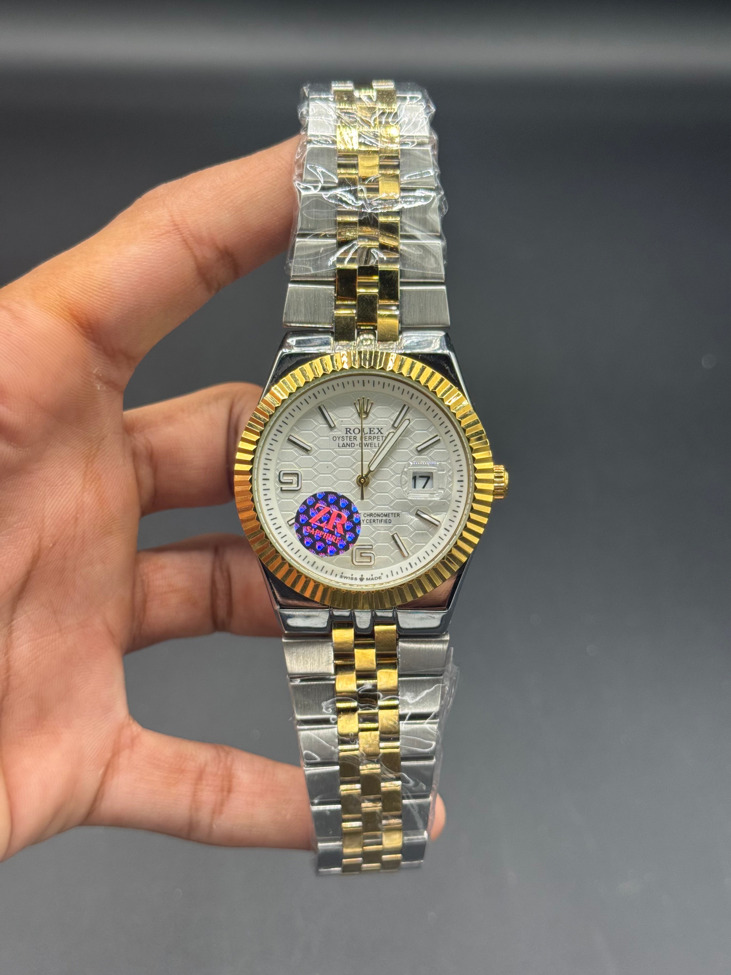 White Dial Land-Dweller Inspired | Semi Automatic Machinery | Two Tone Stainless Steel Chain | Honeycomb Texture | Date Display