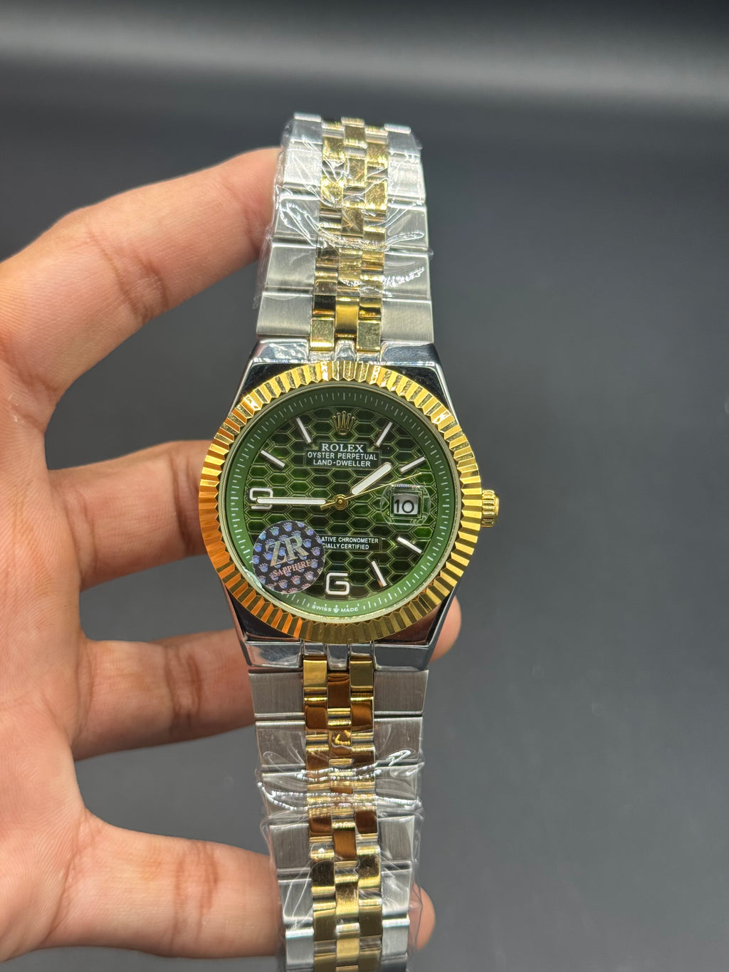 Green Dial Land-Dweller Inspired | Semi Automatic Machinery |Two ToneStainless Steel Chain | Honeycomb Texture | Date Display