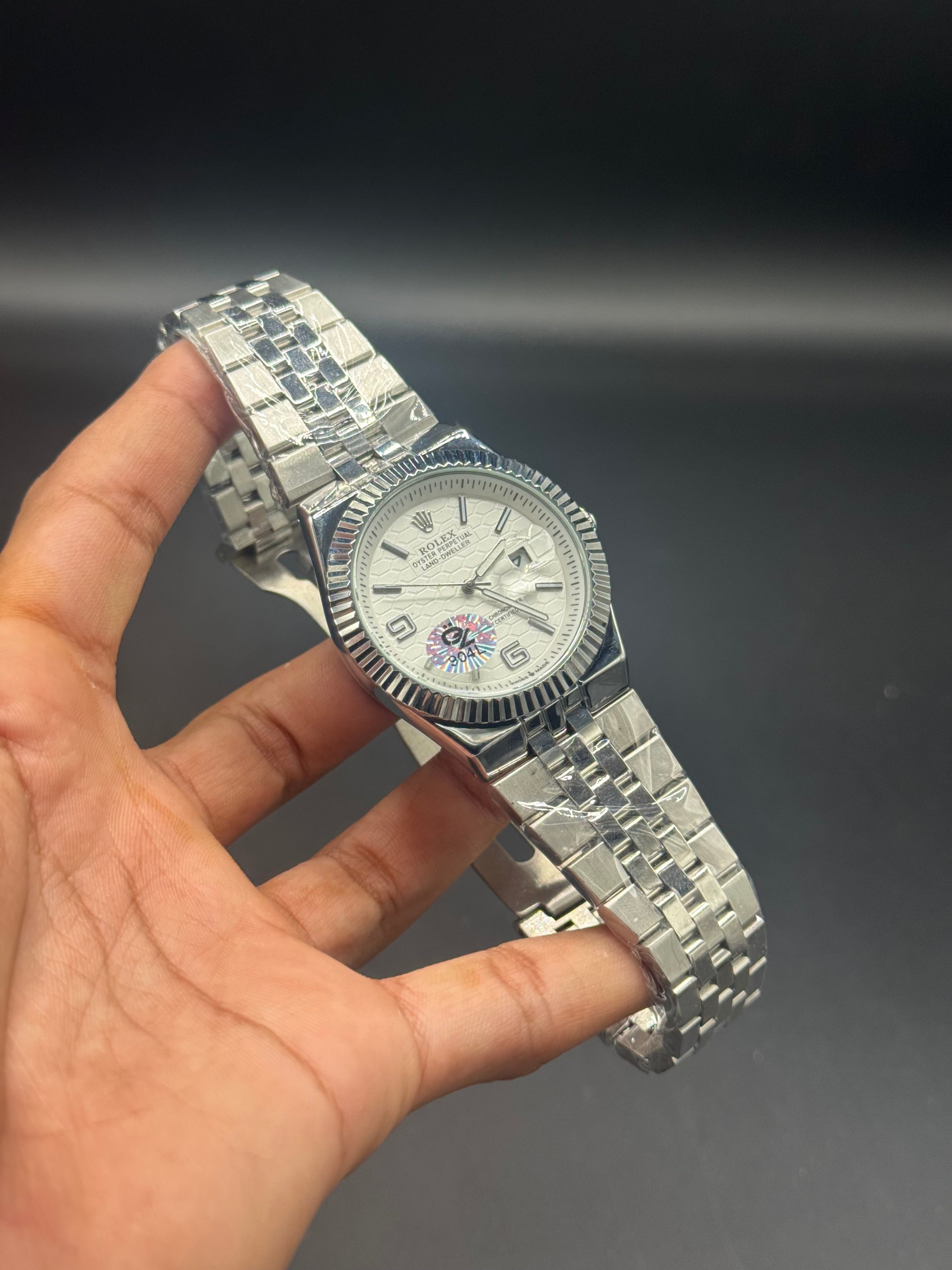 White  Dial Land-Dweller Inspired | Semi Automatic Machinery |Silver Stainless Steel Chain | Honeycomb Texture | Date Display