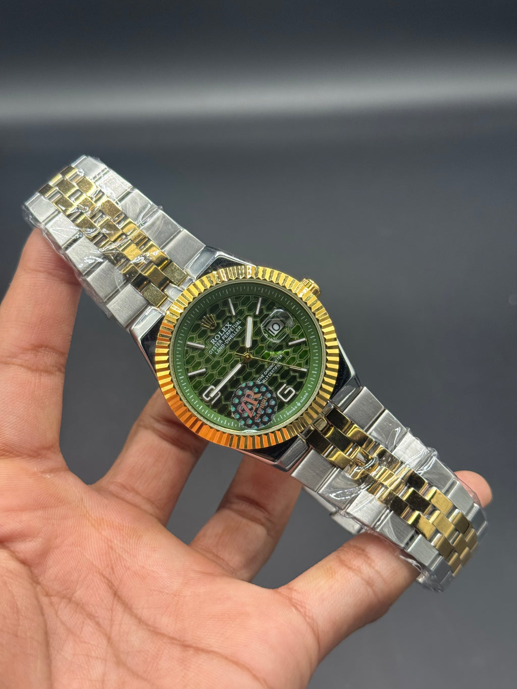 Green Dial Land-Dweller Inspired | Semi Automatic Machinery |Two ToneStainless Steel Chain | Honeycomb Texture | Date Display