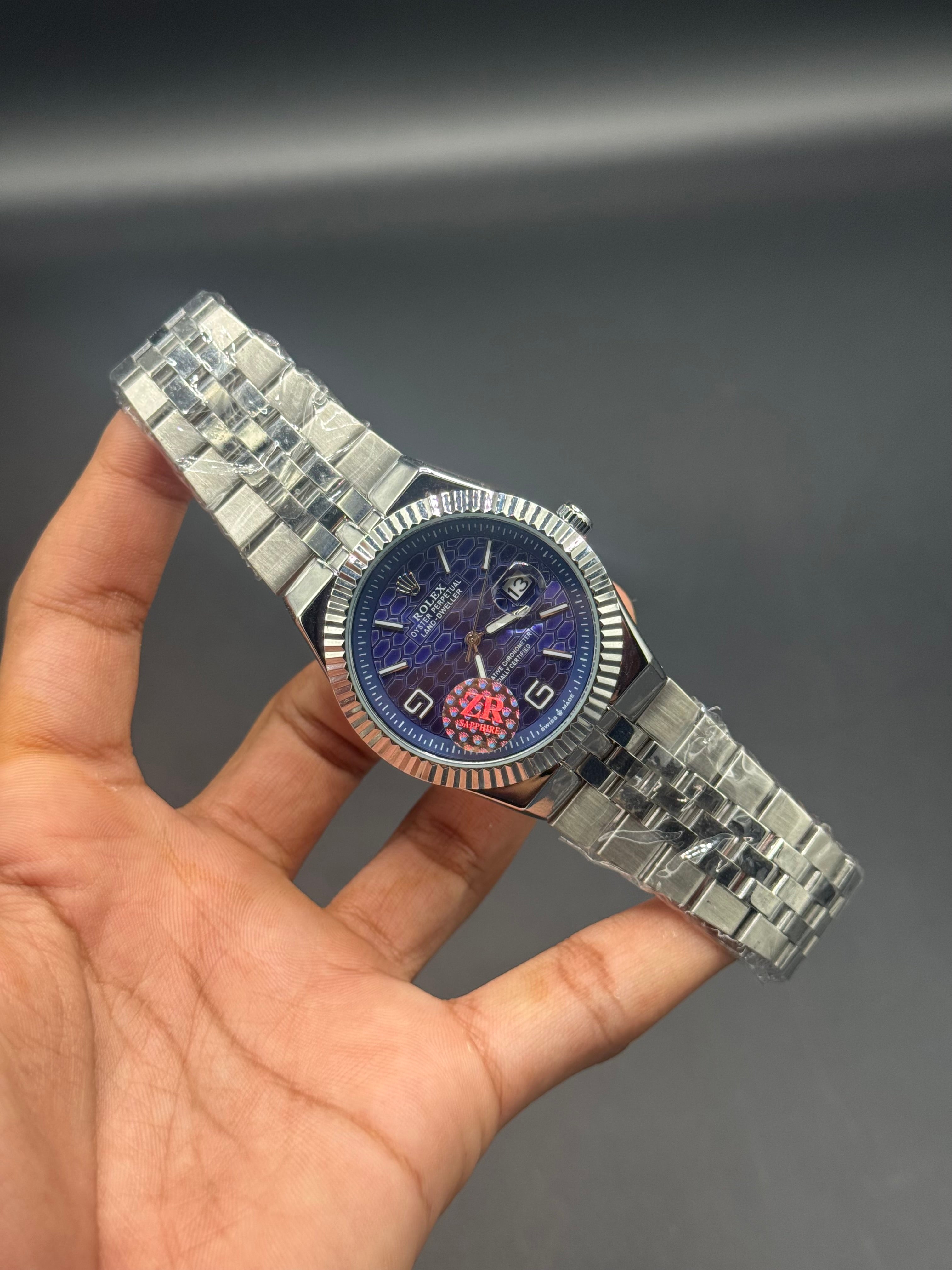 Blue Dial Land-Dweller Inspired | Semi Automatic Machinery |Silver Stainless Steel Chain | Honeycomb Texture | Date Display