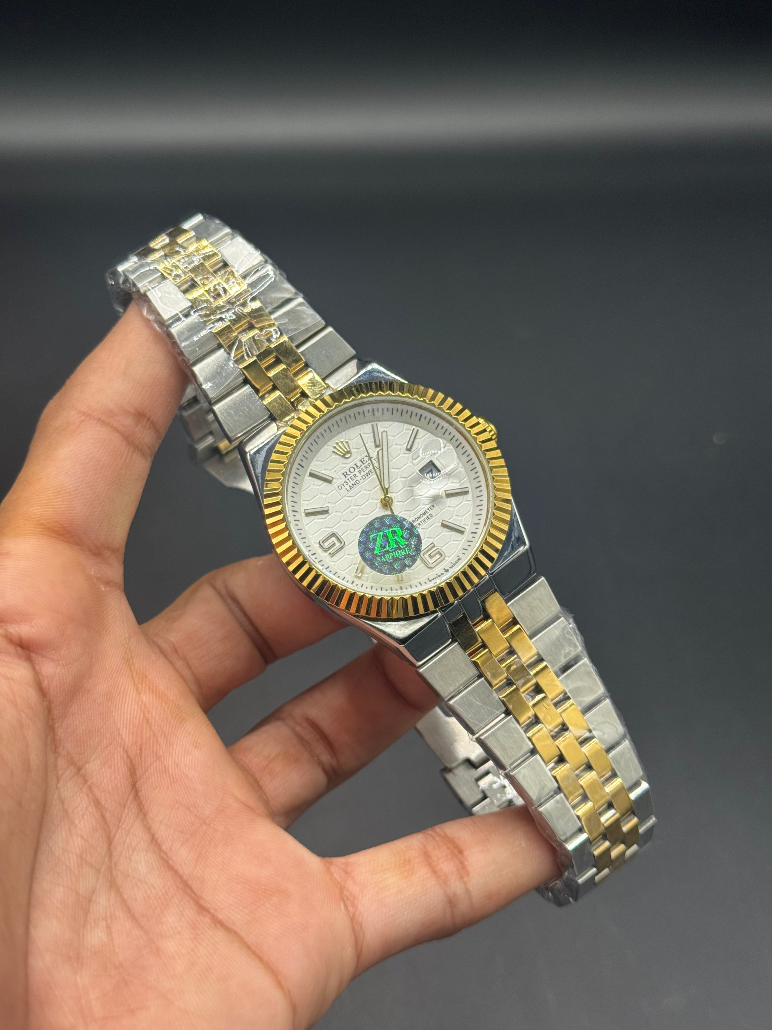 White Dial Land-Dweller Inspired | Semi Automatic Machinery | Two Tone Stainless Steel Chain | Honeycomb Texture | Date Display