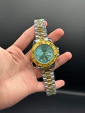 Submariner Style Watch – Tiffany Blue Dial – Gold Bezel – Two-Tone Silver & Gold Stainless Steel Strap – Rotating Bezel – Date Display