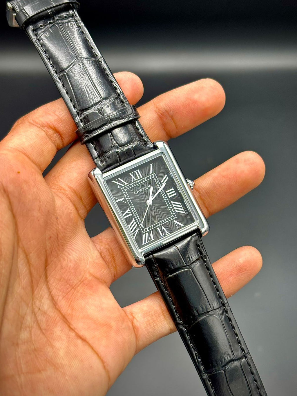 CTR Silver Rectangle Dress Watch | Black Roman Dial | Leather Strap | Classic Executive