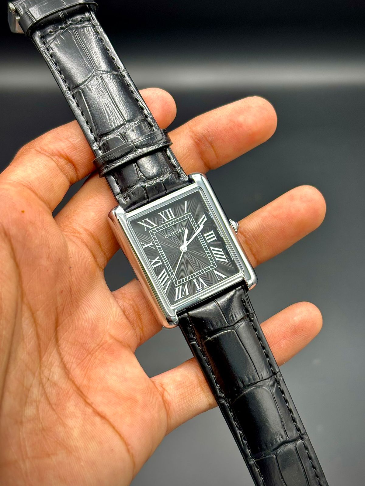CTR Silver Rectangle Dress Watch | Black Roman Dial | Leather Strap | Classic Executive