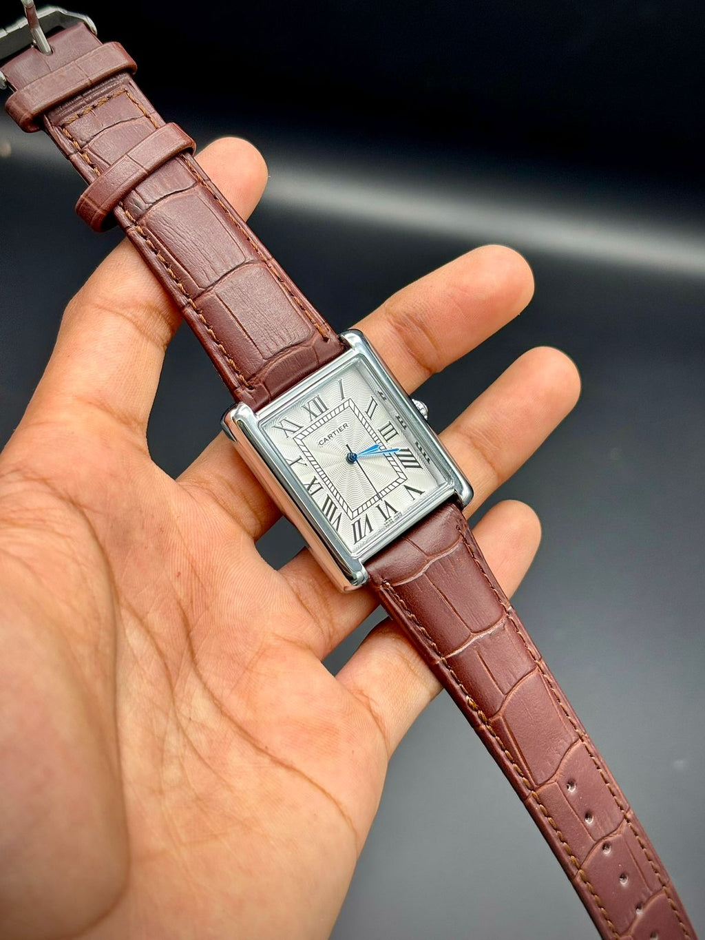 CTR Silver Rectangle Dress Watch | White Roman Dial | Blue Hands | Brown Leather Strap