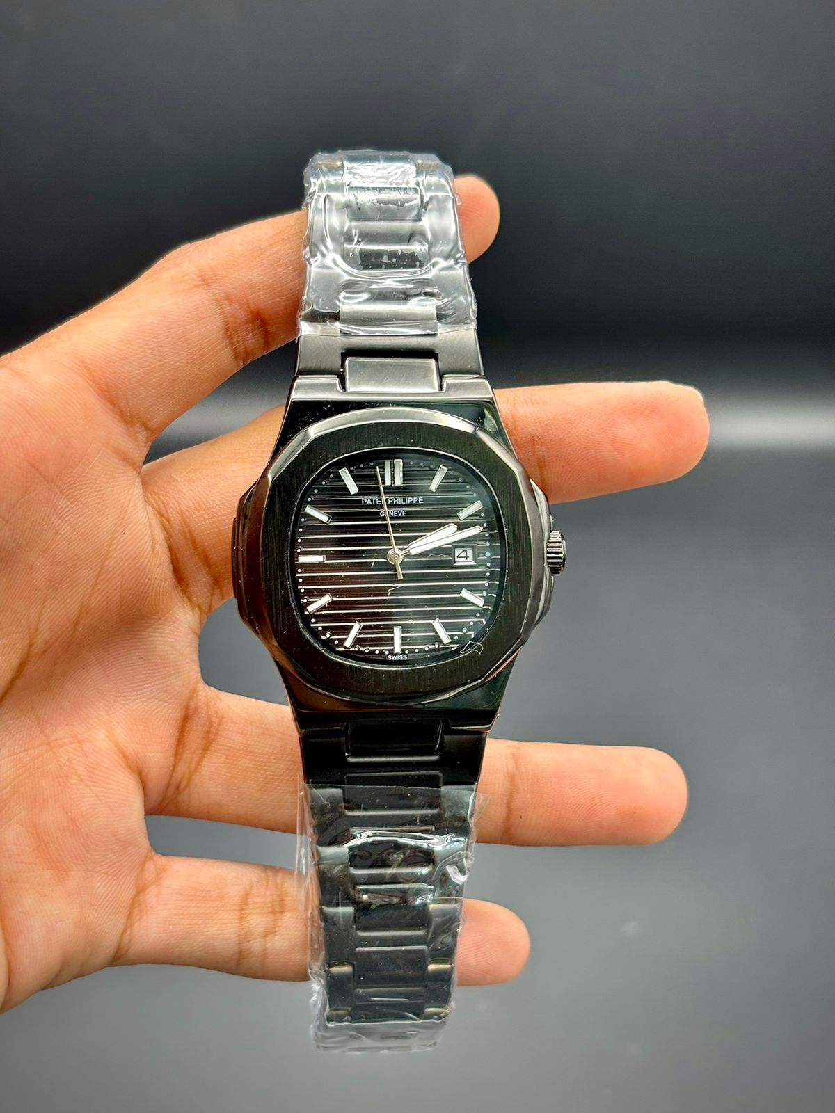 PTK Full Black Luxury Sport Watch | Octagonal Bezel | Black Striped Dial | Integrated Bracelet