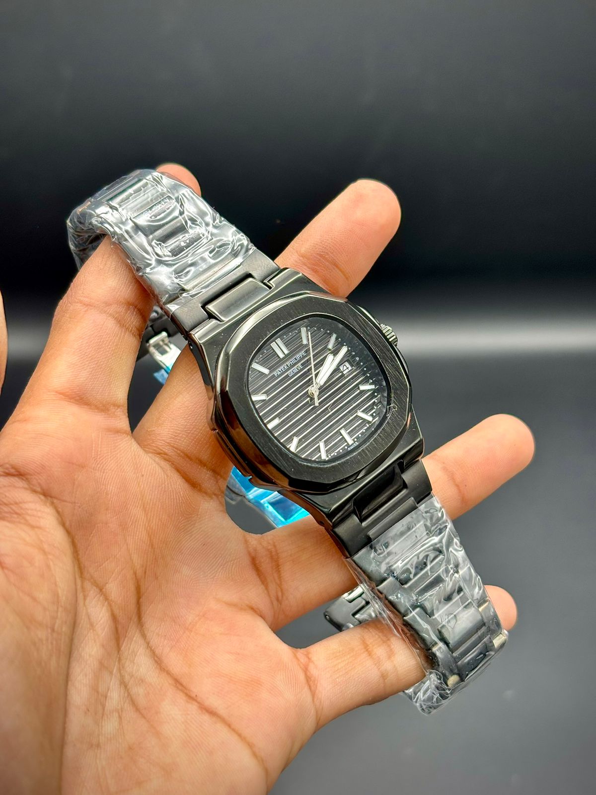 PTK Full Black Luxury Sport Watch | Octagonal Bezel | Black Striped Dial | Integrated Bracelet