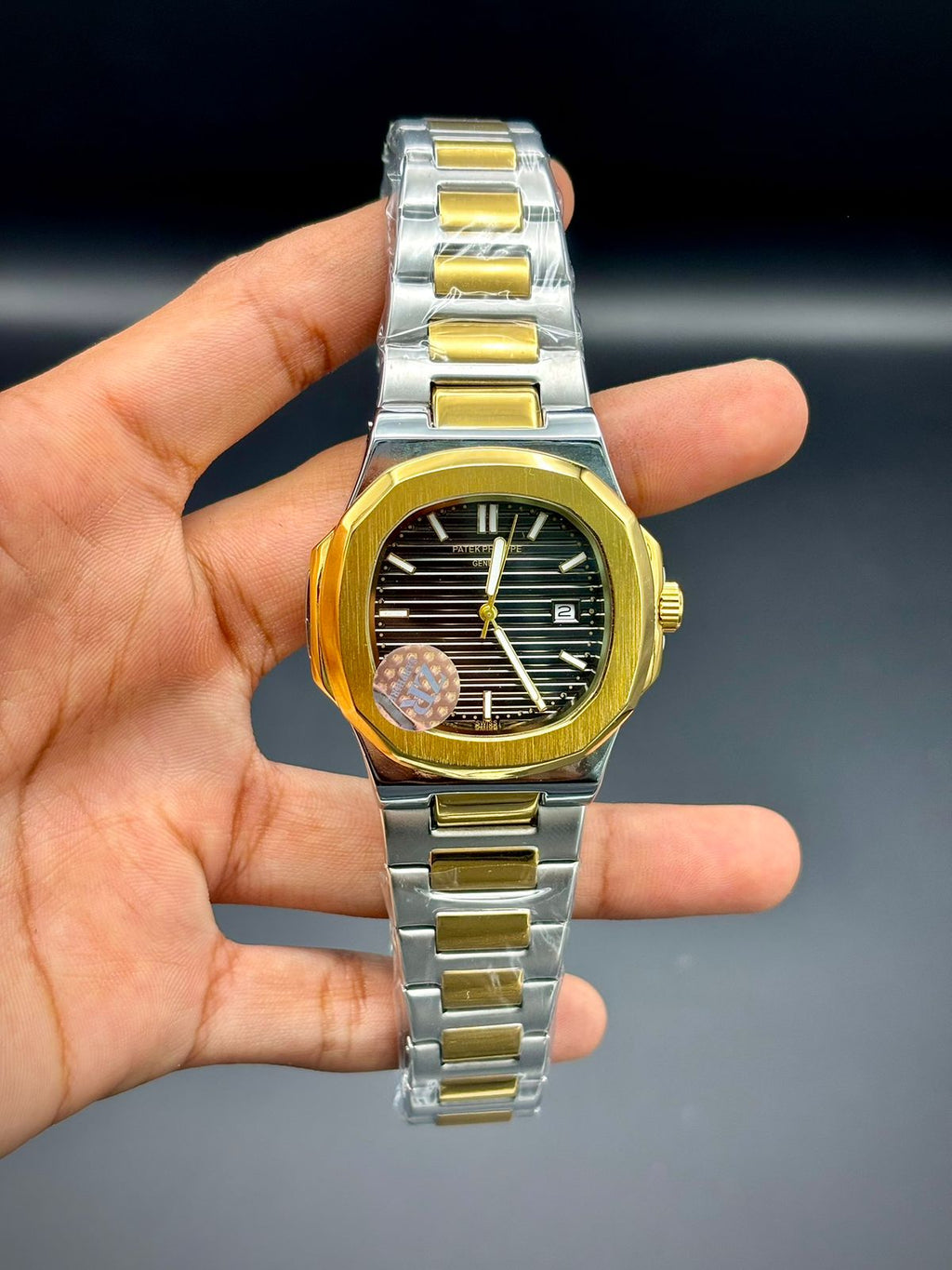 PTK Two-Tone Luxury Sport Watch | Gold Octagonal Bezel | Black Striped Dial | Integrated Bracelet