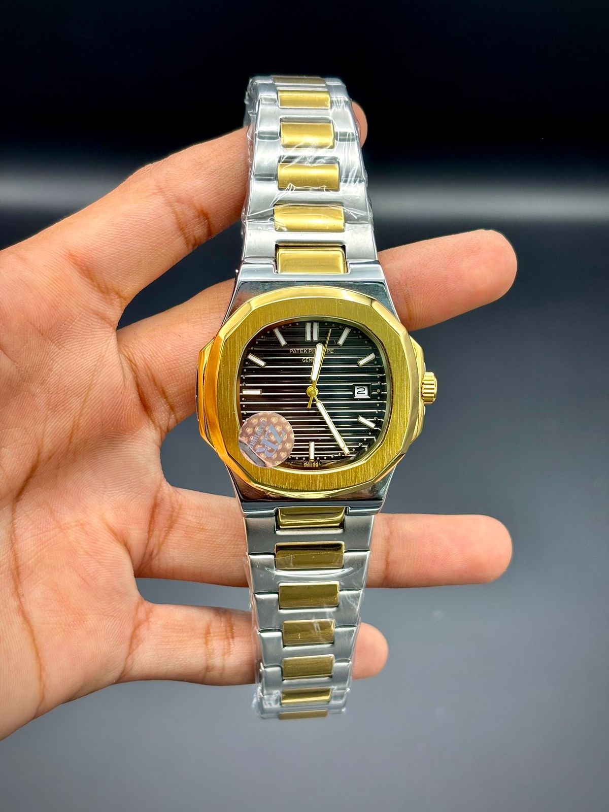 PTK Two-Tone Luxury Sport Watch | Gold Octagonal Bezel | Black Striped Dial | Integrated Bracelet