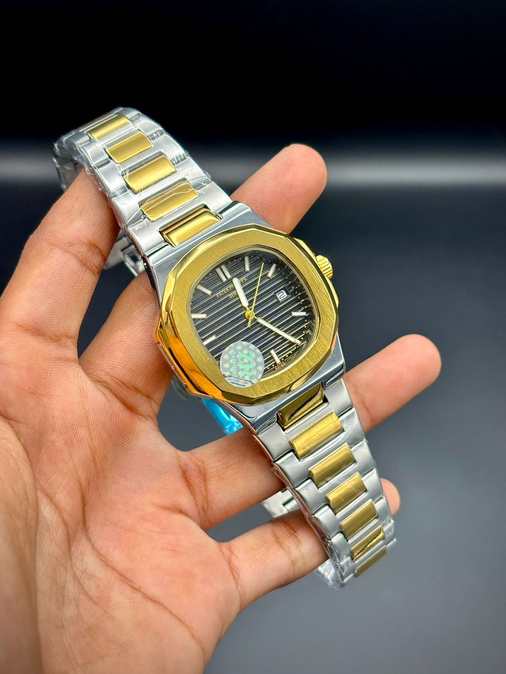 PTK Two-Tone Luxury Sport Watch | Gold Octagonal Bezel | Black Striped Dial | Integrated Bracelet