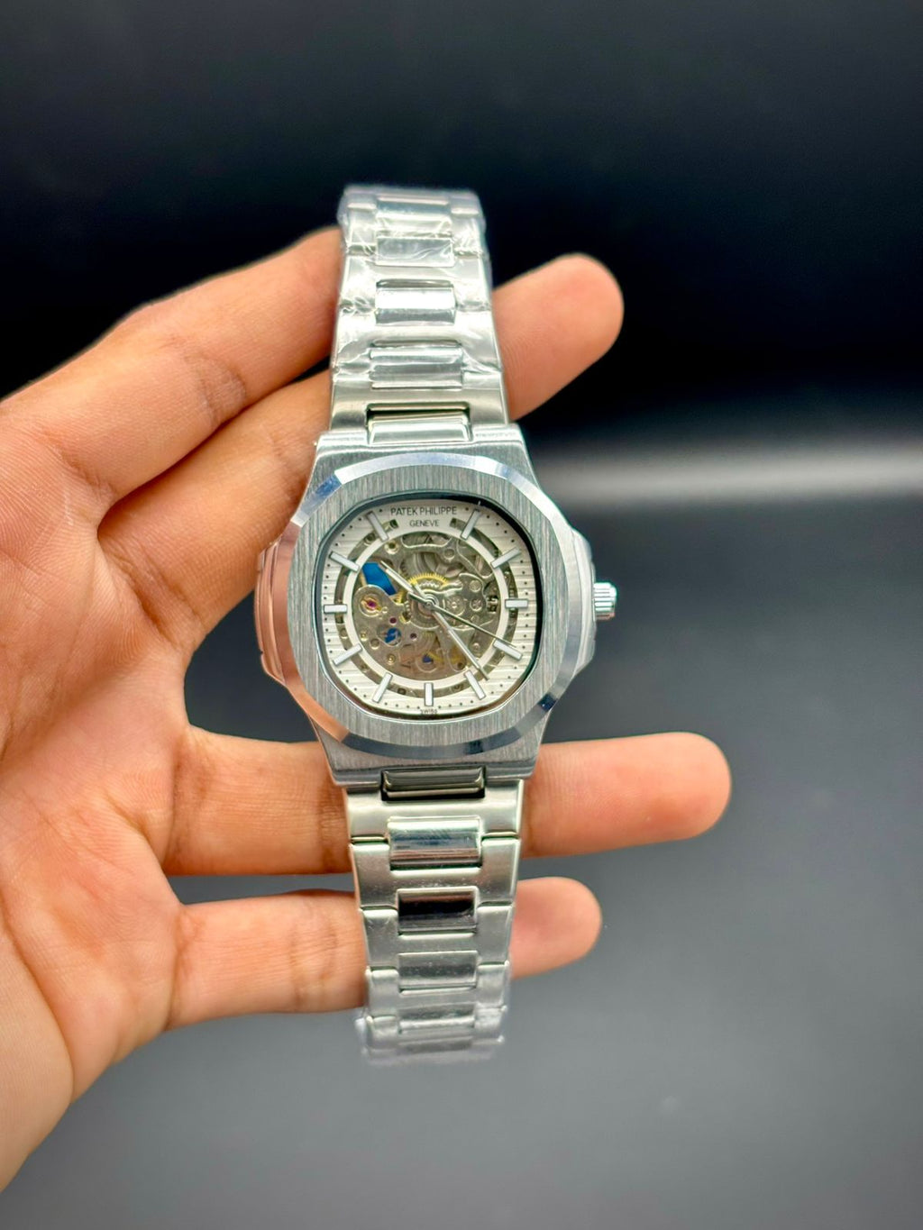 PTK All-Silver Luxury Sport Watch | Octagonal Bezel | Skeleton Dial | Integrated Bracelet