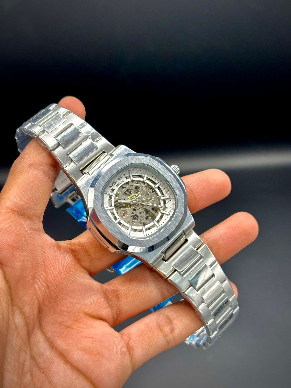 PTK All-Silver Luxury Sport Watch | Octagonal Bezel | Skeleton Dial | Integrated Bracelet