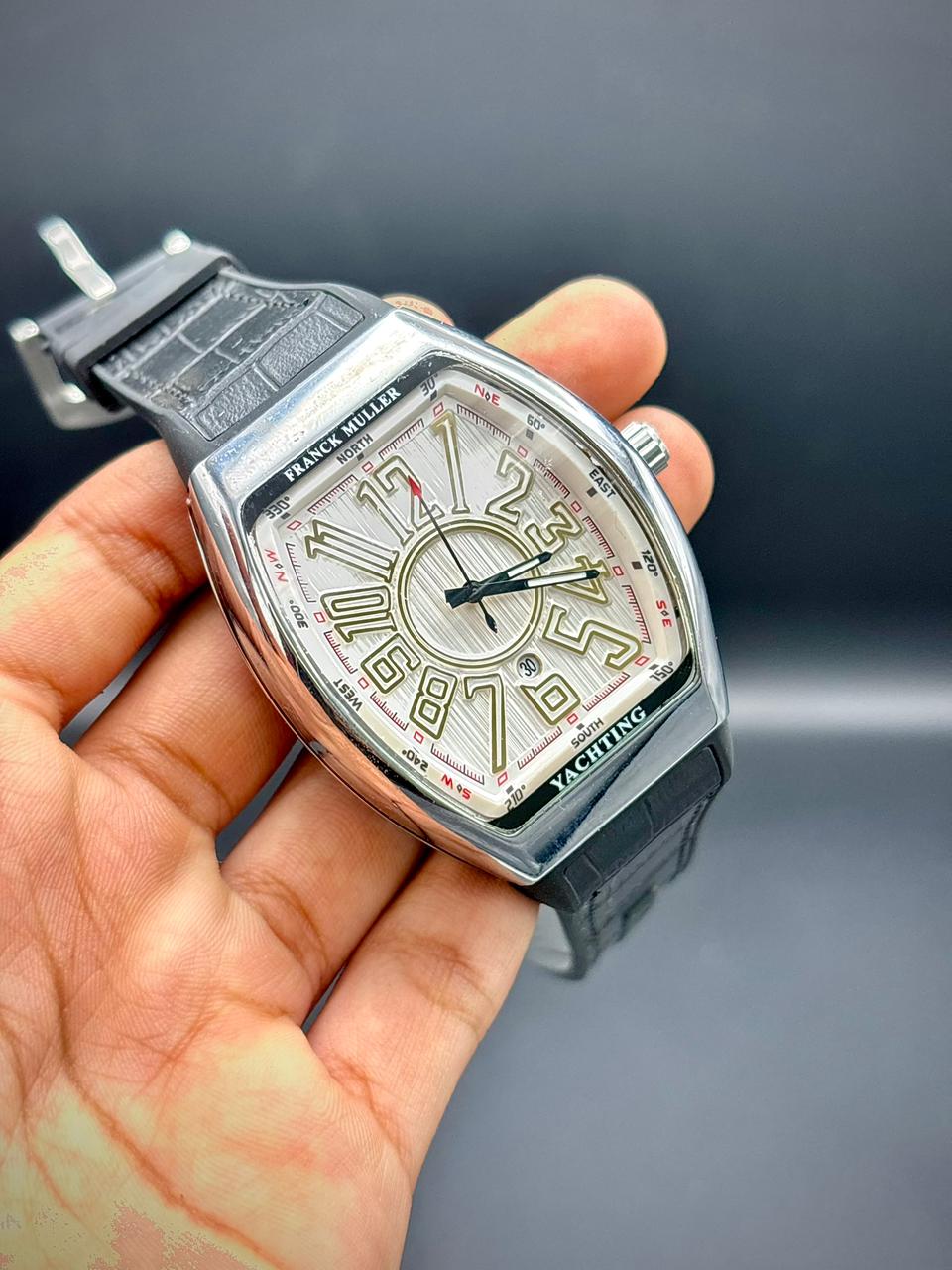 FKM Silver Tonneau Luxury Watch | White Art Deco Dial | Black Leather Strap