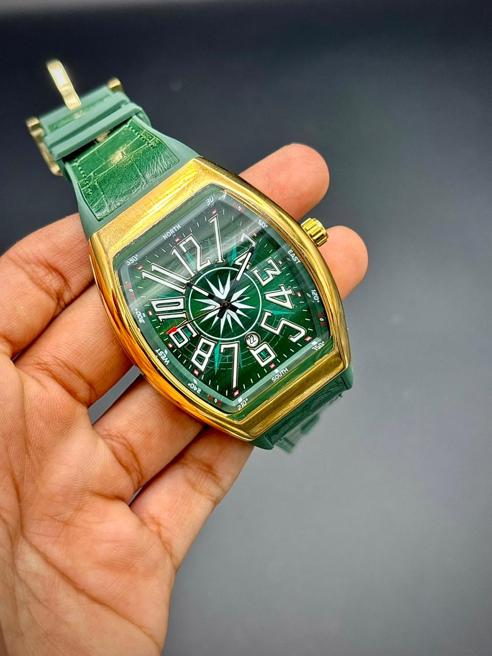 FKM Gold Tonneau Luxury Watch | Emerald Green Dial | White Art Deco Numerals | Leather Strap