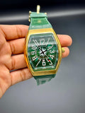FKM Gold Tonneau Luxury Watch | Emerald Green Dial | White Art Deco Numerals | Leather Strap