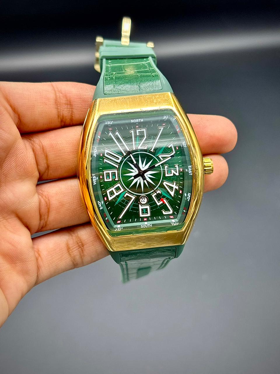 FKM Gold Tonneau Luxury Watch | Emerald Green Dial | White Art Deco Numerals | Leather Strap
