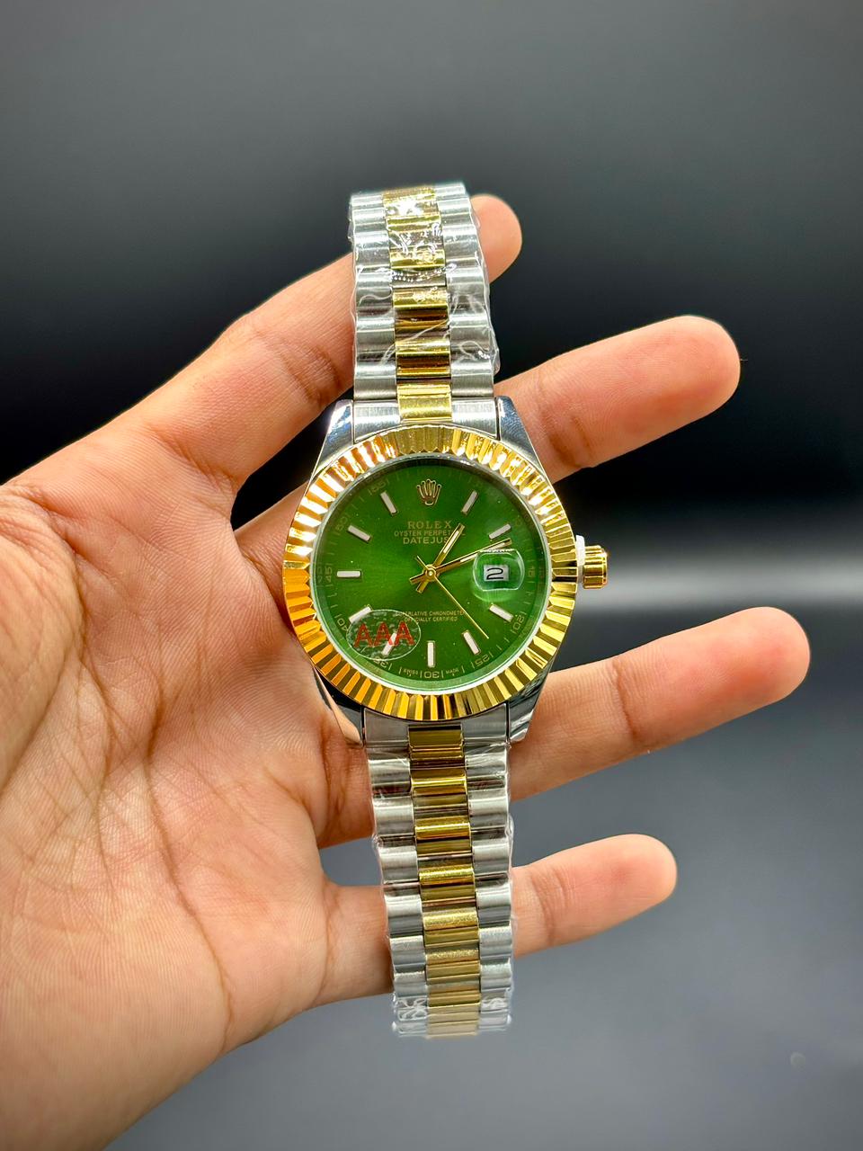 RLX Two-Tone Luxury Dress Watch | Gold Bezel | Green Gradient Dial | Crystal Hour Markers