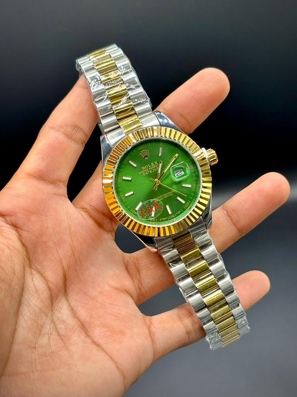 RLX Two-Tone Luxury Dress Watch | Gold Bezel | Green Gradient Dial | Crystal Hour Markers