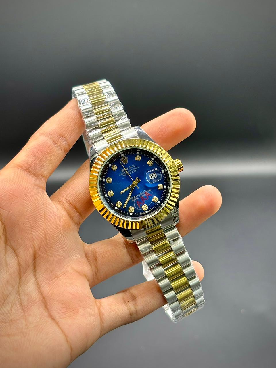 RLX Premium Steel & Gold Men’s Watch – Royal Blue Sunburst Dial | Magnified Date | Jubilee-Style Bracelet