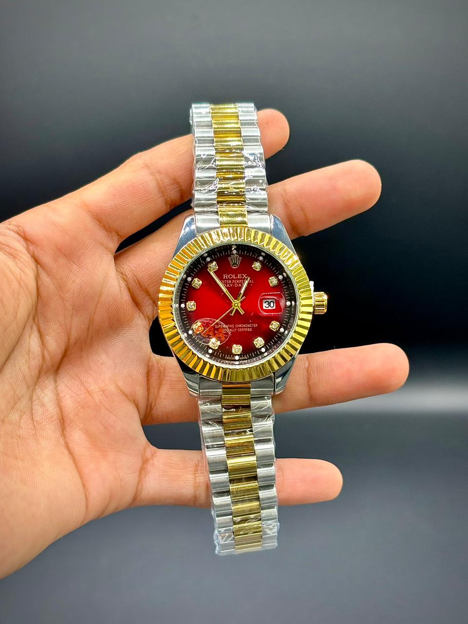 RLX Two-Tone Luxury Dress Watch | Gold Fluted Bezel | Red Gradient Dial | Crystal Hour Markers