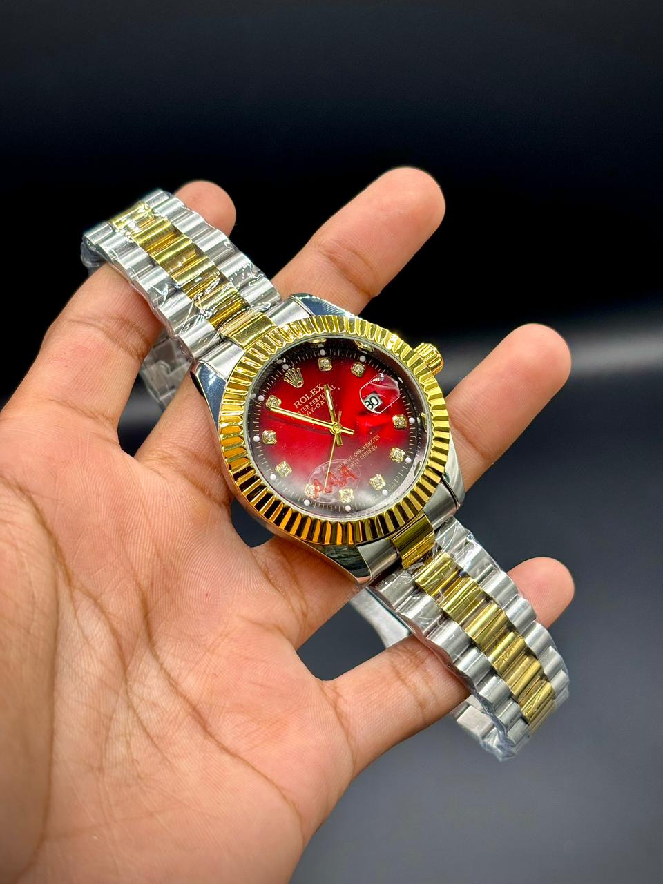 RLX Two-Tone Luxury Dress Watch | Gold Fluted Bezel | Red Gradient Dial | Crystal Hour Markers