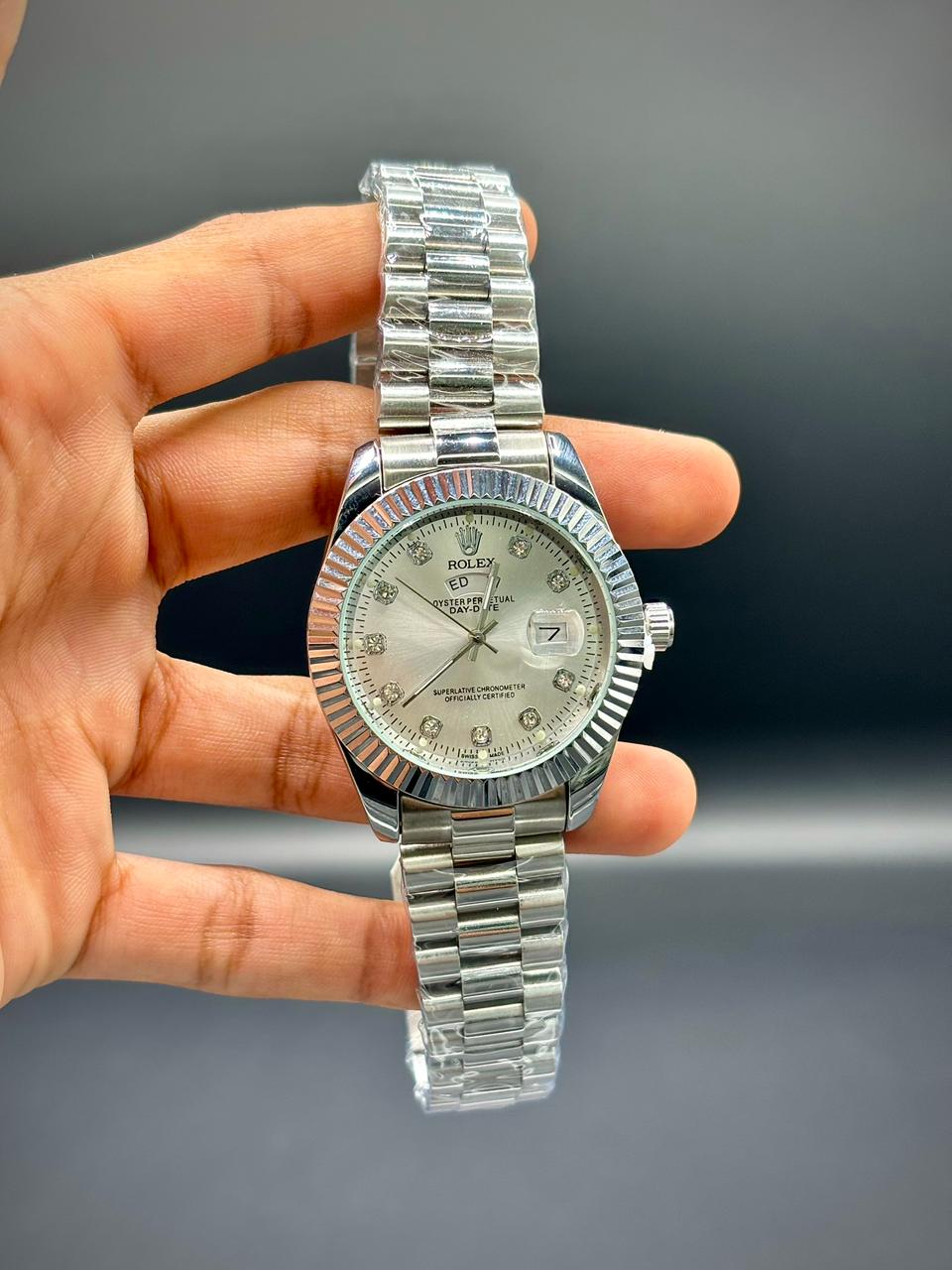 RLX Full Silver Luxury Dress Watch | Fluted Bezel | Silver Dial | Crystal Hour Markers