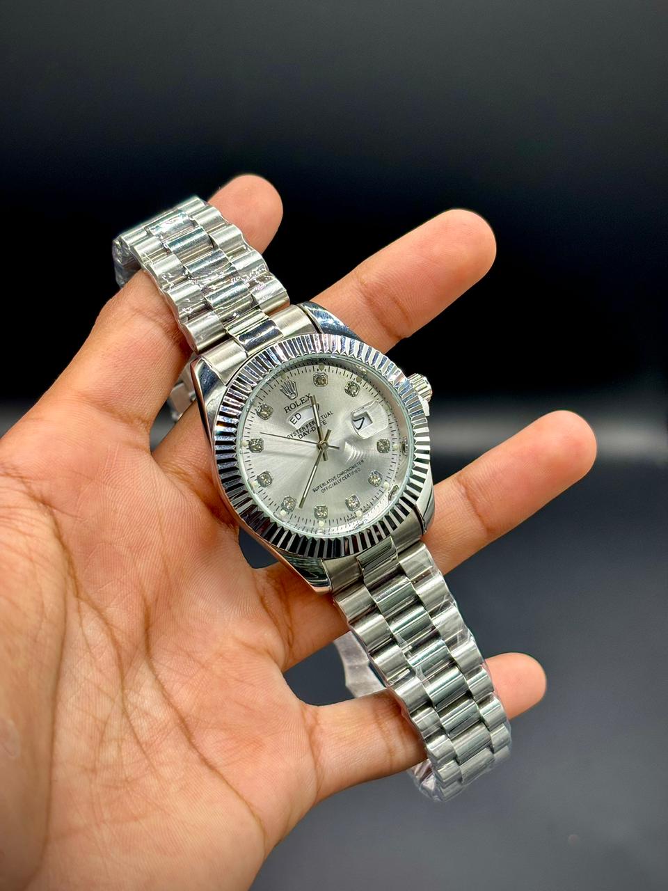 RLX Full Silver Luxury Dress Watch | Fluted Bezel | Silver Dial | Crystal Hour Markers