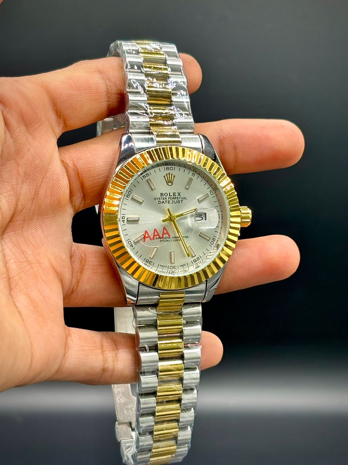 RLX Two-Tone Luxury Dress Watch | Gold Fluted Bezel | Silver Dial | Jubilee-Style Bracelet