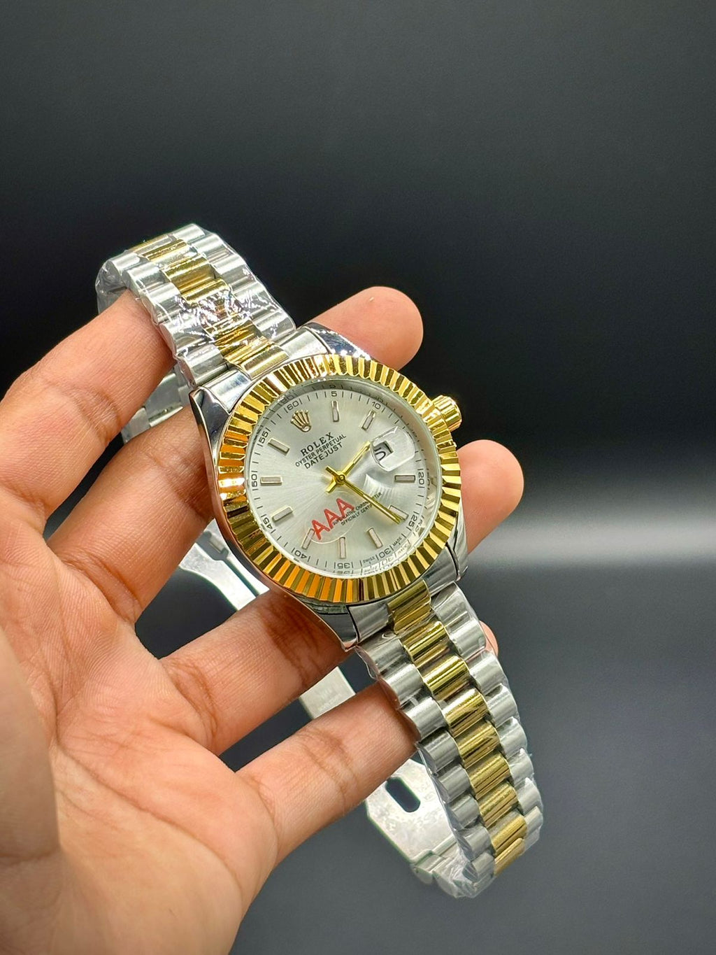 RLX Two-Tone Luxury Dress Watch | Gold Fluted Bezel | Silver Dial | Jubilee-Style Bracelet