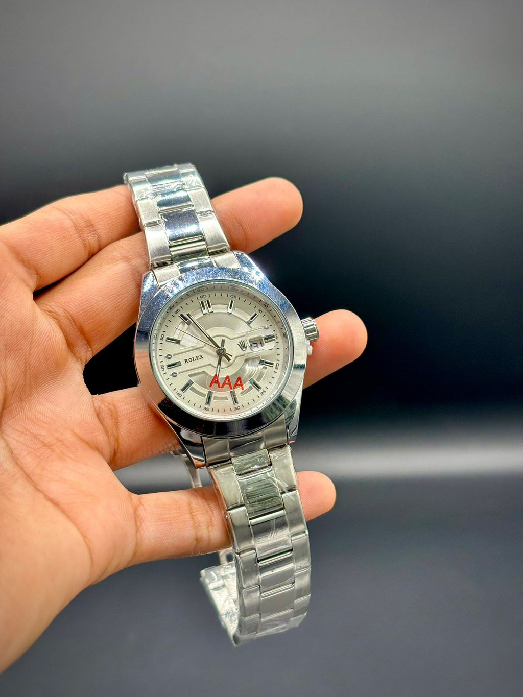 RLX Silver Luxury Sport Watch | Polished Round Case | White Dial | Steel Bracelet