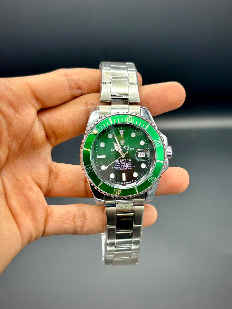 RLX All-Silver Luxury Dive Watch | Green Dial | Green Ceramic Bezel | Oyster Bracelet