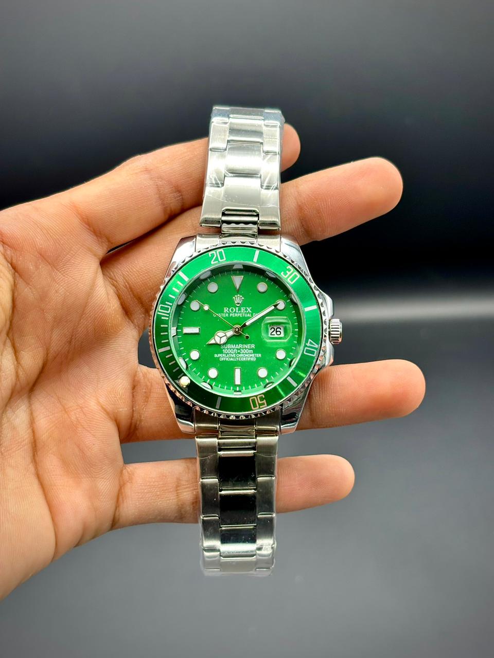 RLX All-Silver Luxury Dive Watch | Emerald Green Dial | Green Ceramic Bezel | Oyster Bracelet