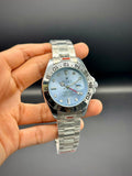 RLX All-Silver Luxury Traveler Watch | Ice Blue Dial | 24-Hour Bezel | GMT Hand | Oyster Bracelet