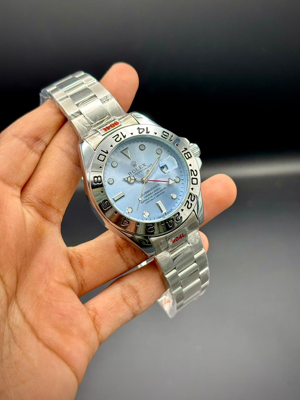 RLX All-Silver Luxury Traveler Watch | Ice Blue Dial | 24-Hour Bezel | GMT Hand | Oyster Bracelet