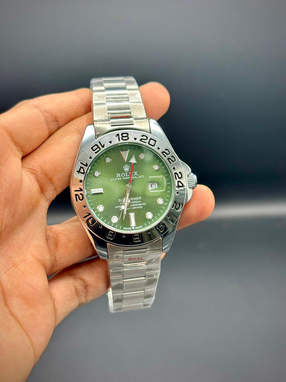 RLX All-Silver Luxury Traveler Watch | Olive Green Dial | 24-Hour Bezel | GMT Hand