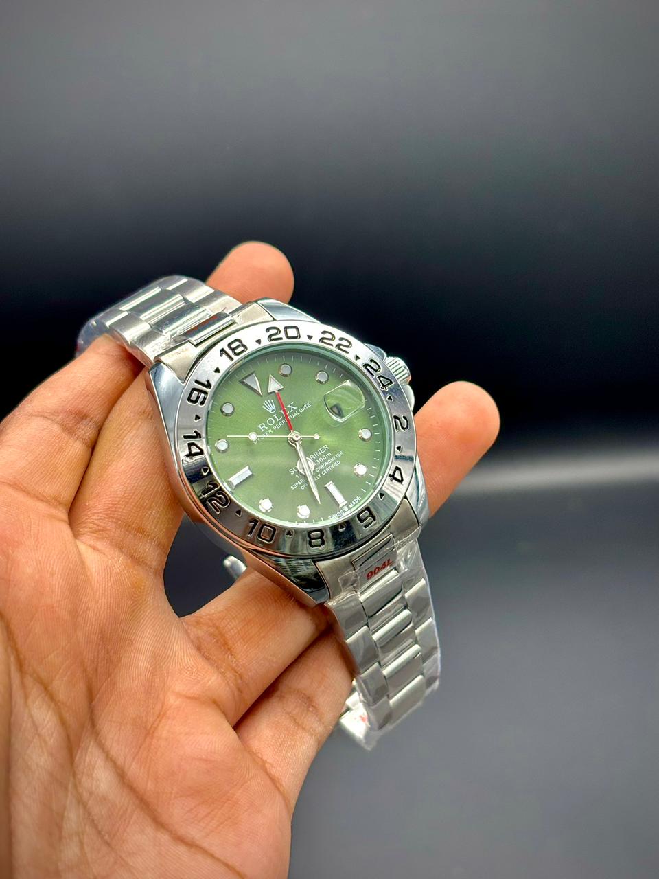RLX All-Silver Luxury Traveler Watch | Olive Green Dial | 24-Hour Bezel | GMT Hand