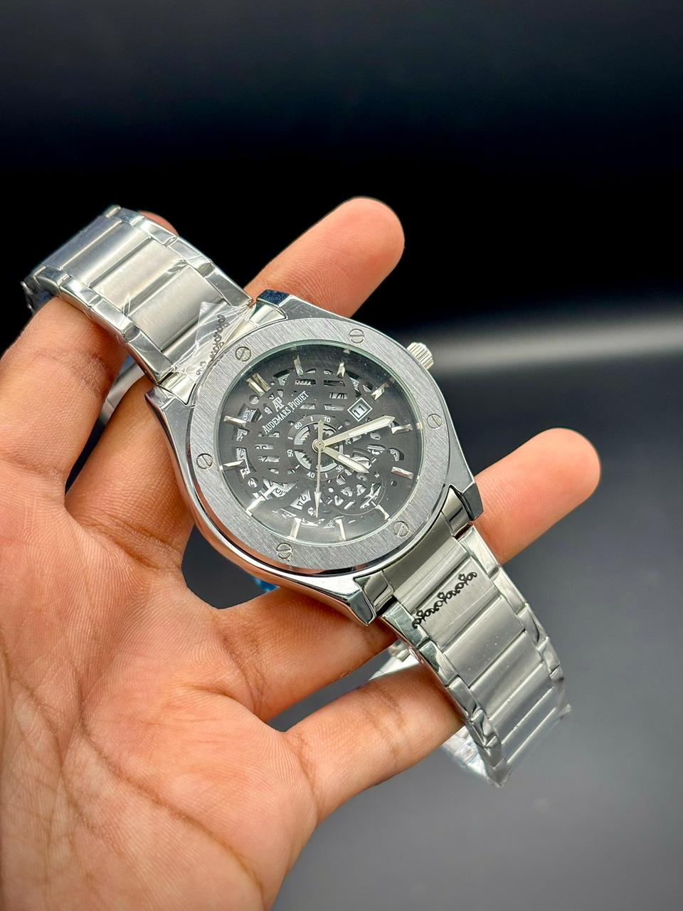 AP Premium Steel Men’s Watch – Open-Work Dial | Rose Gold Hands | Integrated Bracelet