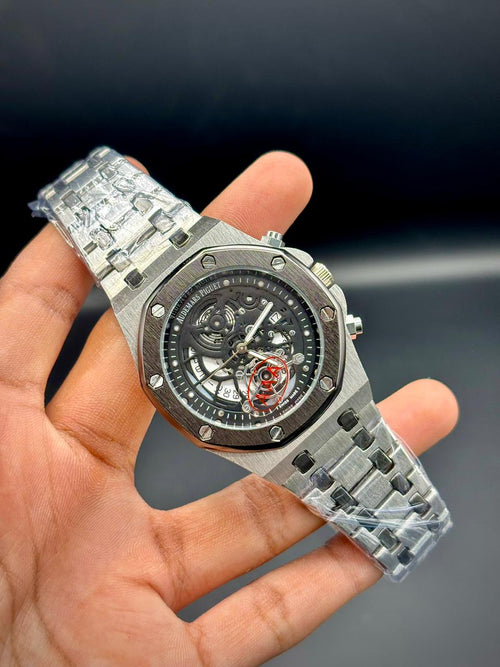 AP Premium Steel Men’s Watch – Open-Work Dial | Rose Gold Hands | Integrated Bracelet