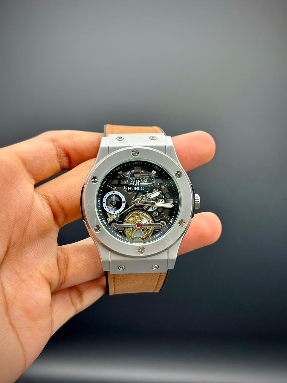 HB Classic Open Heart | Silver Case Brown Strap Skeleton Watch