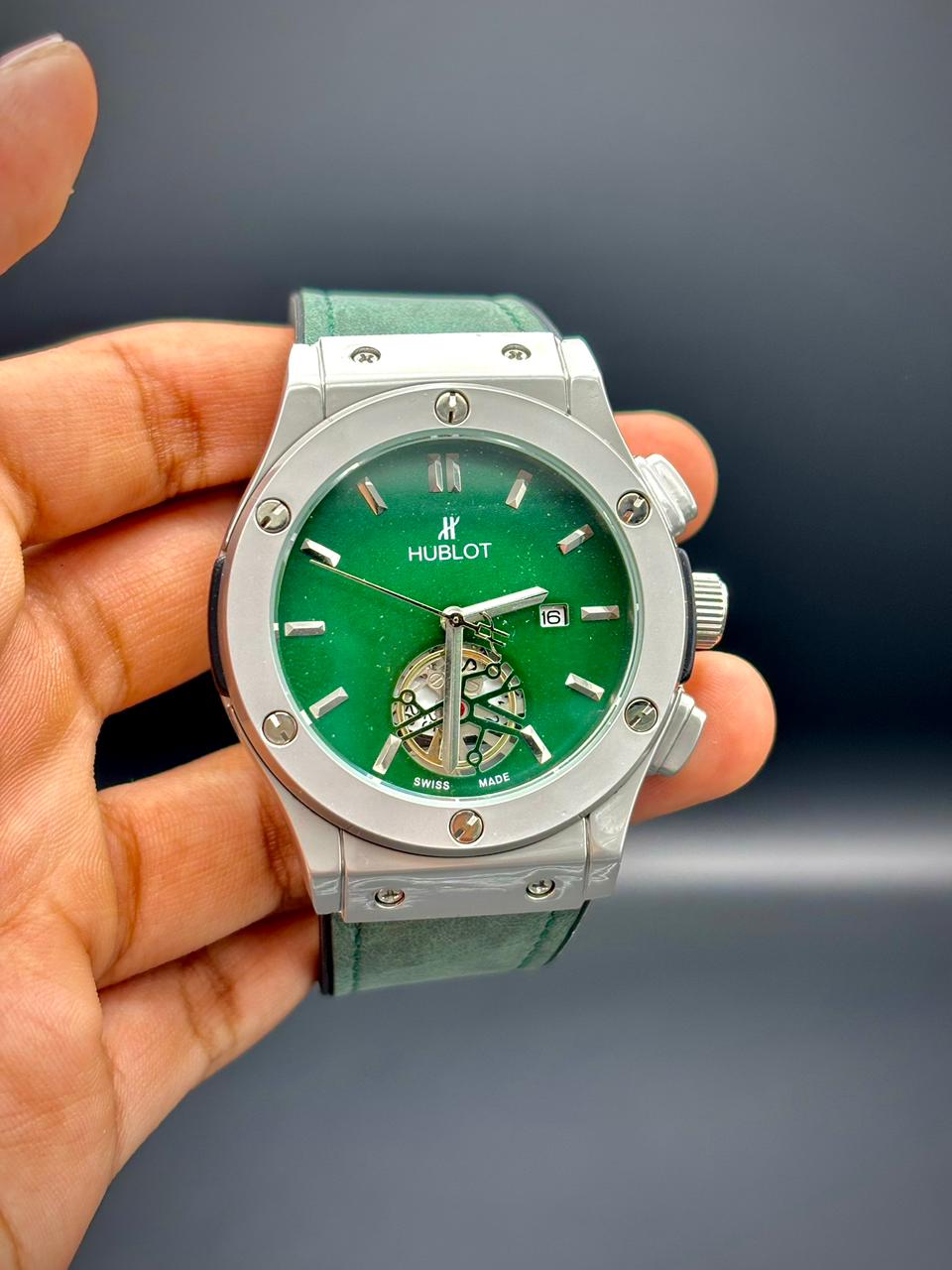 HB Fusion Green Masterpiece | Leather Strap Skeleton Window