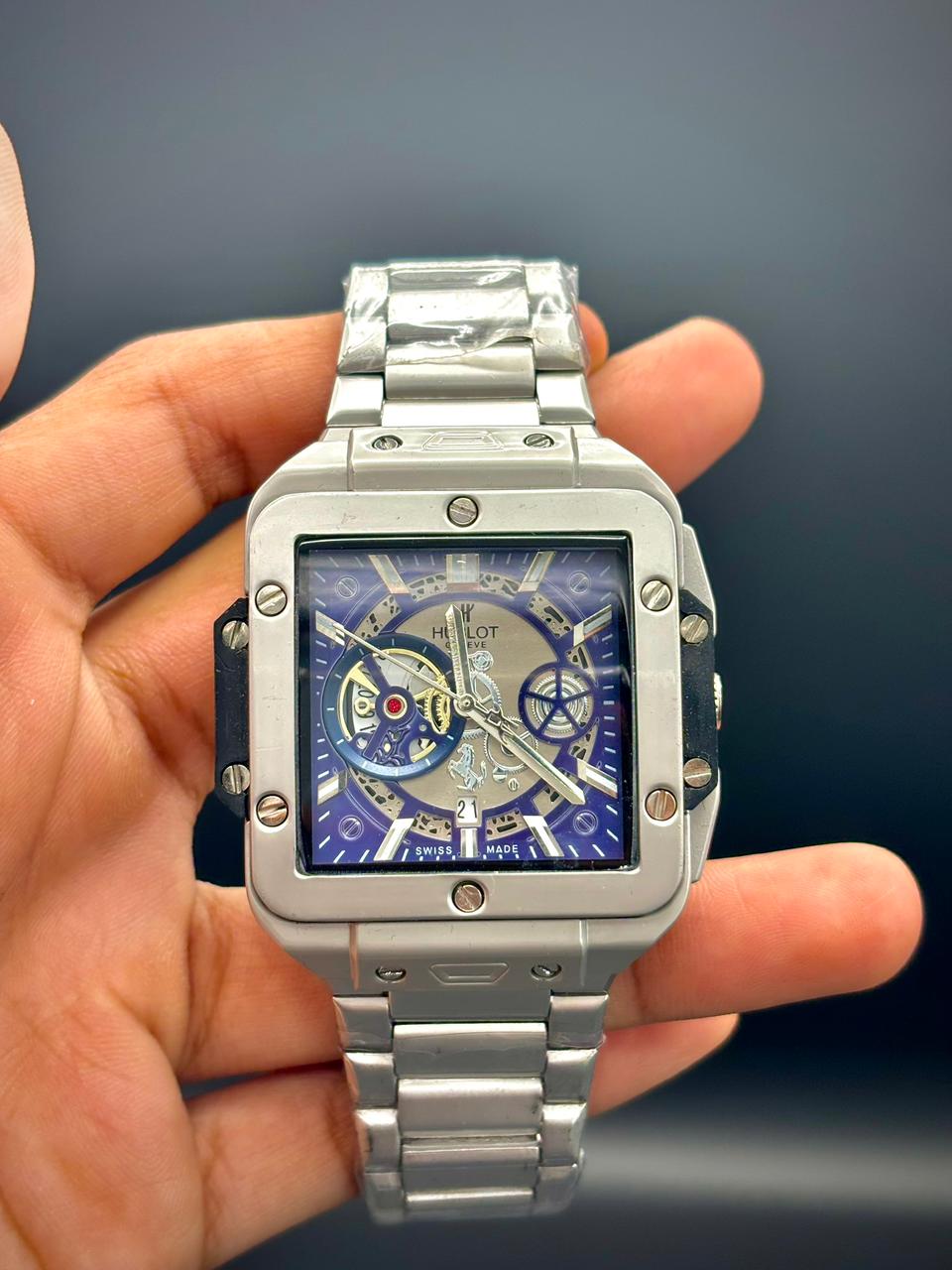 HB Royal Blue Square Chronograph | Silver Steel Bracelet Watch