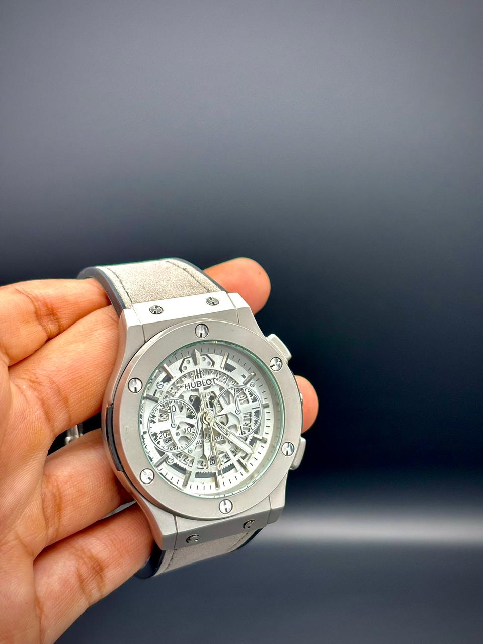 HB Silver Ghost Chronograph | Grey Strap Skeleton Watch