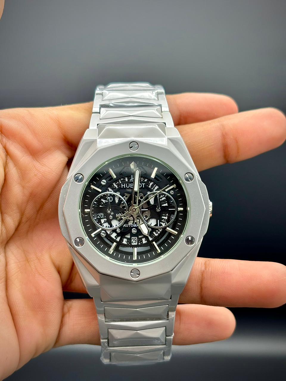 HB Full Silver Skeleton Chronograph | Premium Metal Strap Watch