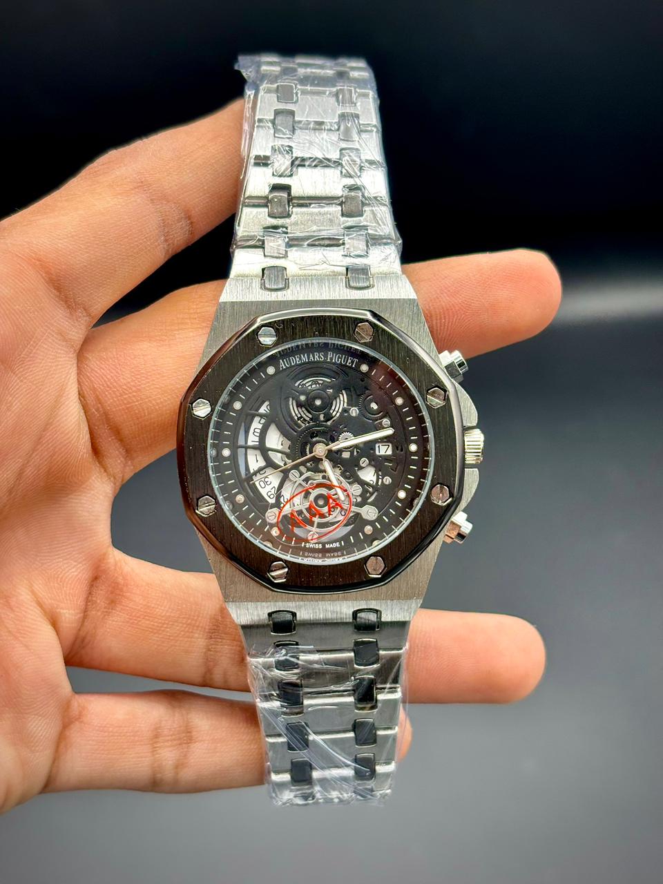 AP All-Silver Luxury Sport Watch | Octagon Bezel | Skeleton Dial | Chronograph